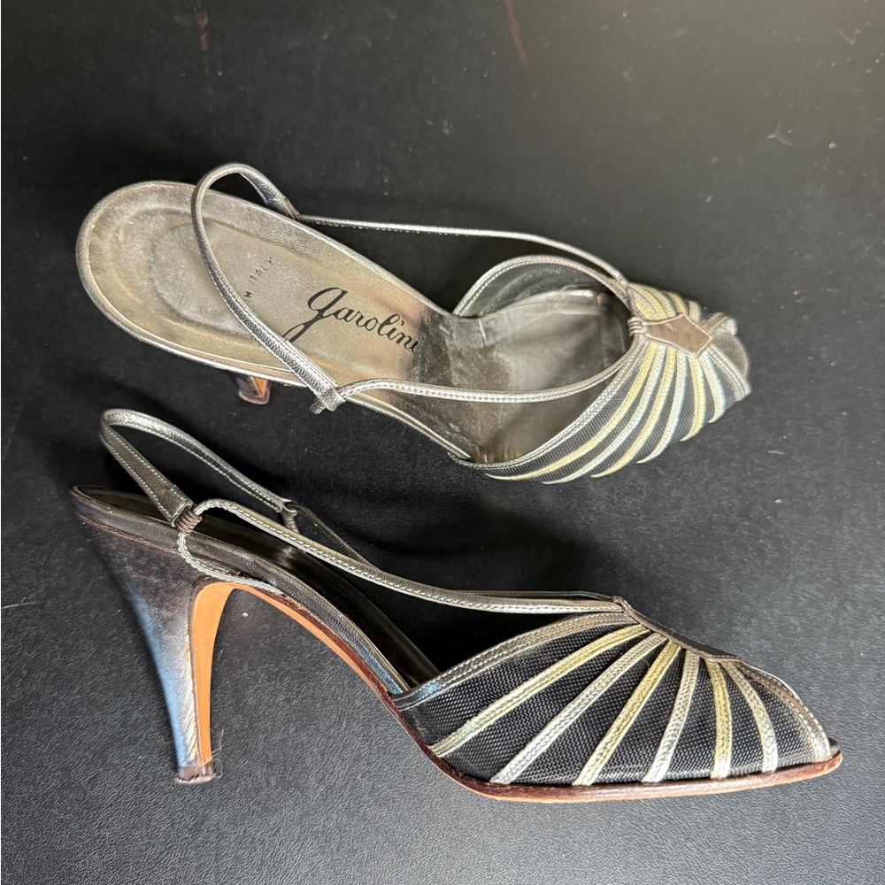 Garolini Black and Gold Strappy Slingback Heels